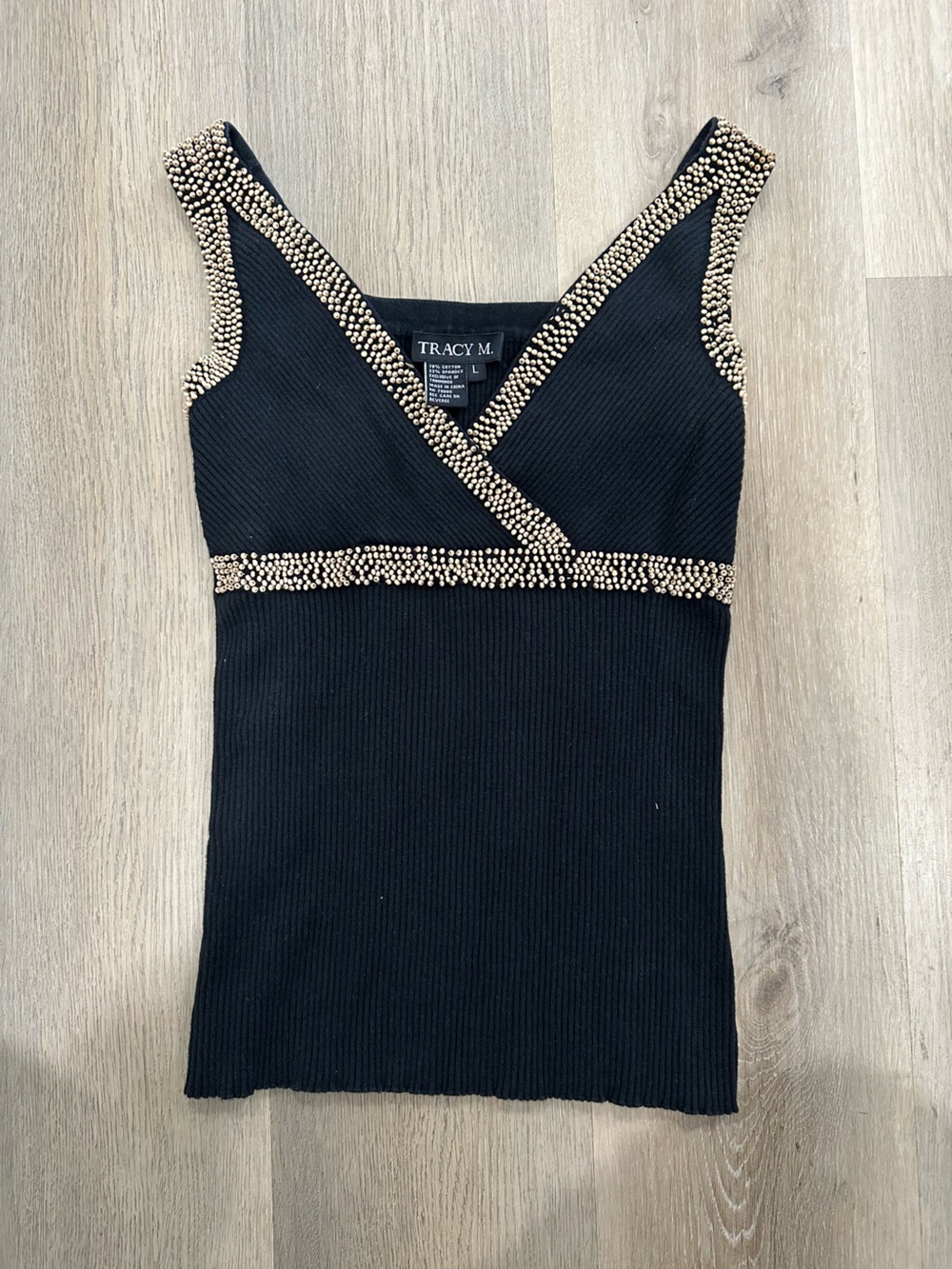 Tracy M Black Tank Top with Natural Beaded Trim